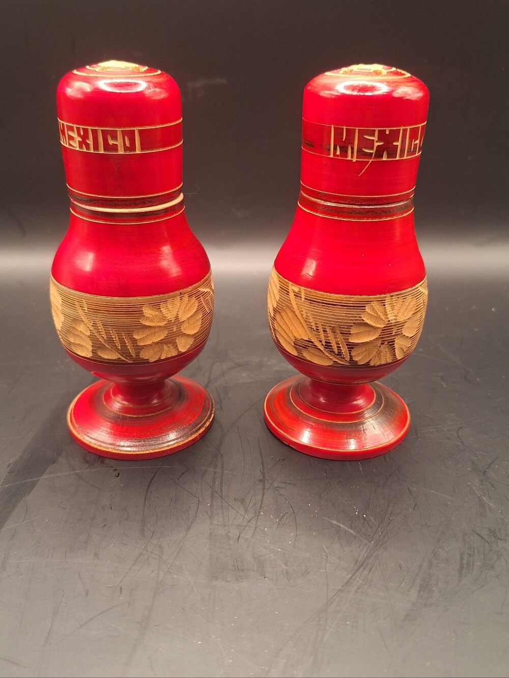 vintage Midcentury wooden turned pedestal Acapulco salt and pepper shakers